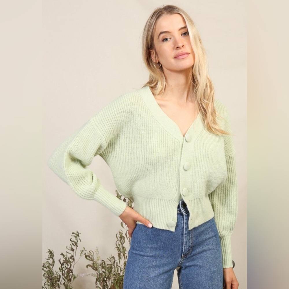 Lumiere Anthropologie Button Up Mint Green Knit Woven Cardigan Sweater Jumper - Picture 12 of 12